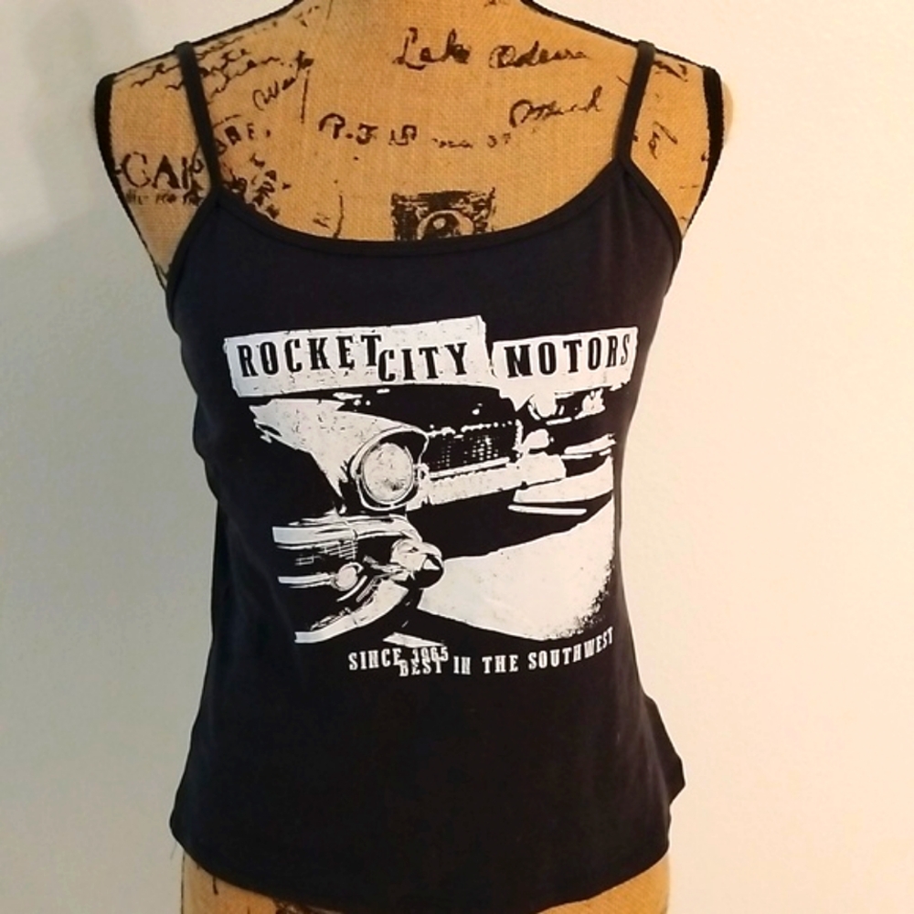 Mighty Fine Charcoal Grey Rocket City Motors Graphic Crop 100% Cotton Camisole